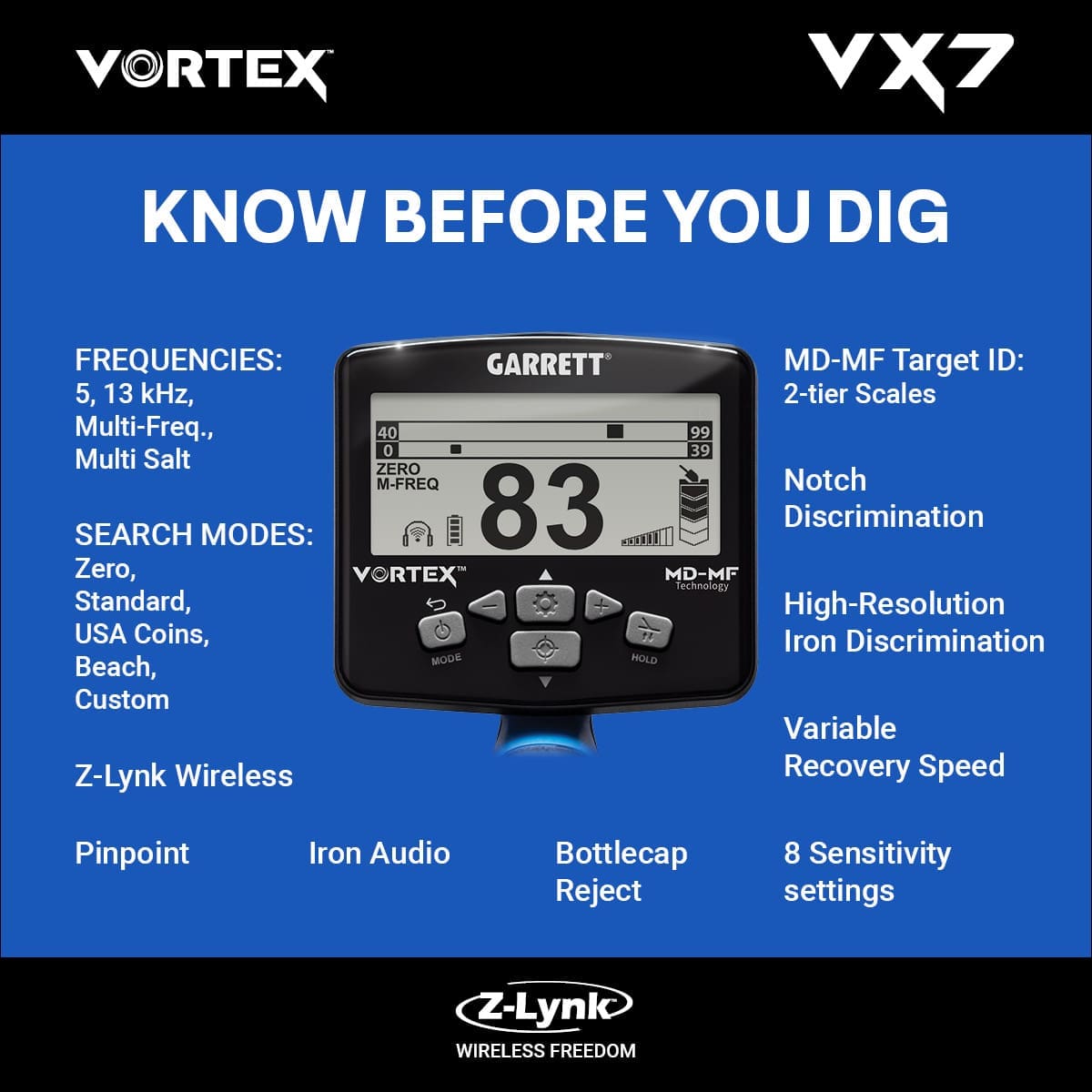 Konya Garrett Vortex VX7 Dedektör - VX7 hedef ID ekranı, iki katmanlı MD-MF okuma ile demir ve iletken hedefleri ayırmaya yardım eder.